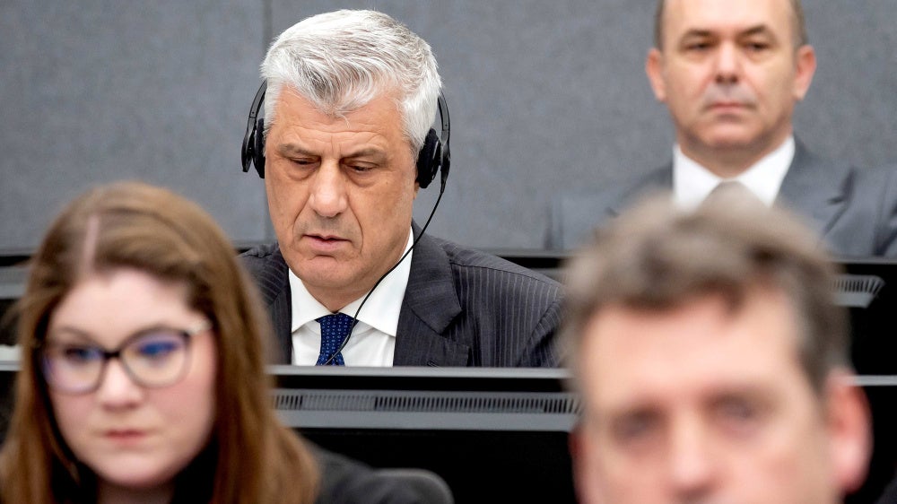 Former Kosovo President Hashim Thaci, top left, appears before the Kosovo Tribunal as he defends himself against charges including murder, torture and persecution allegedly committed during Kosovo’s war with Serbia, The Hague, April 3, 2023. 