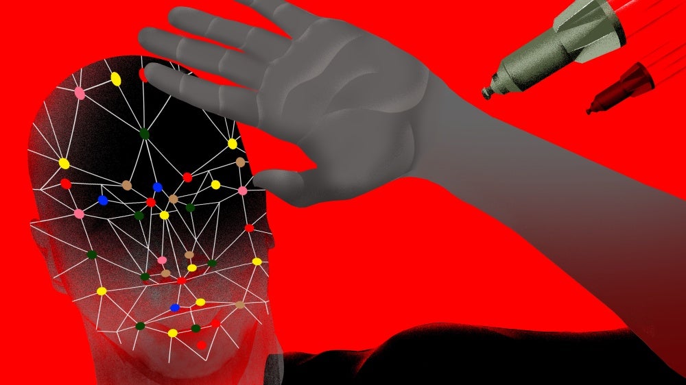 Illustration of a person shielding their face from oncoming autonomous weapons