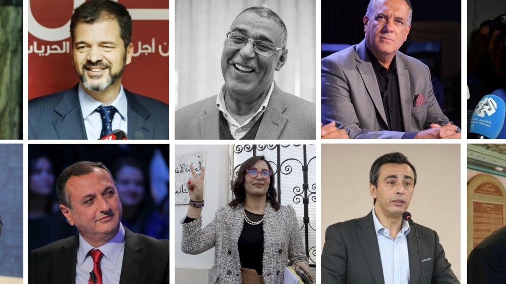 Several of the people tried and convicted in the “Conspiracy Case” on April 19, 2025, in Tunis, Tunisia. Top row (L-R): Noureddine Bhiri, Khayam Turki, Abdelhamid Jelassi, Ghazi Chaouachi, and Lazhar Akremi. Bottom row (L-R): Ridha Belhaj, Issam Chebbi, Chaima Issa, Jaouhar Ben Mbarek and Said Ferjani. 