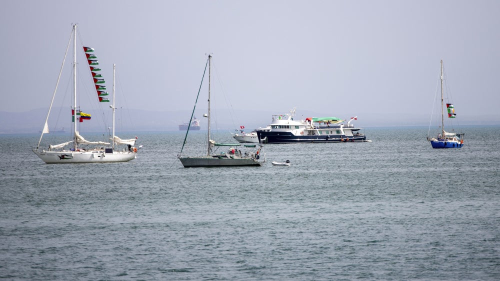Ships that are part of the Global Sumud Flotilla heading to Gaza are anchored off the coast of Sidi Bou Said in Tunis, Tunisia, September 9, 2025. 