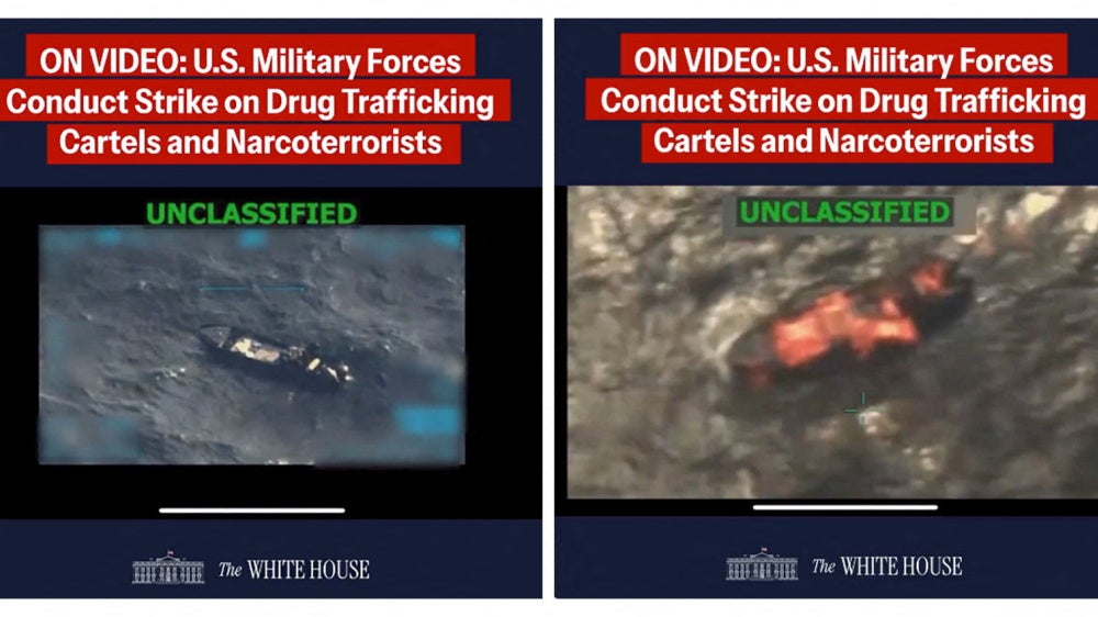 A combination image shows two screen captures from a footage posted on the X account of The White House on September 15, 2025, of what US President Donald Trump said was a military strike on a Venezuelan drug cartel vessel, the second such strike carried out against an alleged drug boat in recent weeks. 