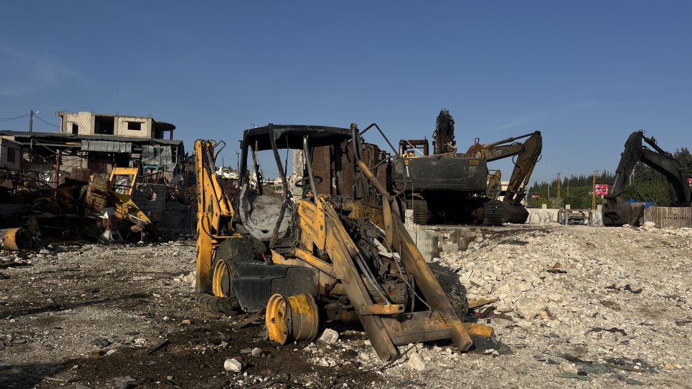 A destroyed bulldozer and other damaged heavy machinery from an Israeli airstrike on September 3, 2025 on Ansariyeh, southern Lebanon.