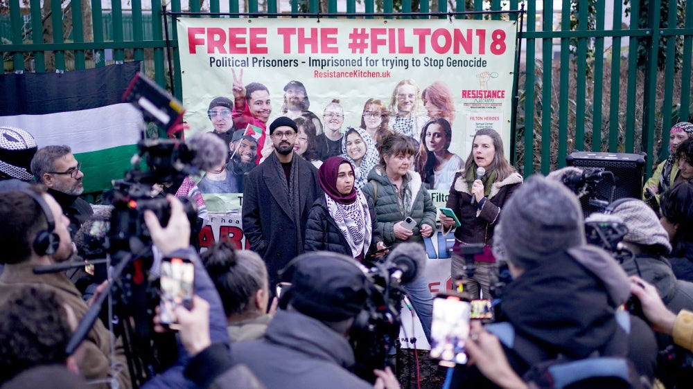 Claire Rogers, mother of Zoe Rogers (C-R), speaks outside Woolwich Crown Court, London, following the acquittal of six Palestine Action activists, February 4, 2026.