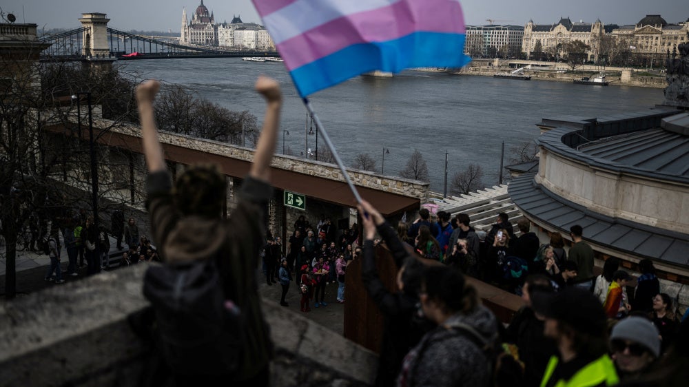 A transgender rights flag is held during a march after the Hungarian parliament passed a law that bans LGBT-related events, Budapest, Hungary, March 30, 2025. 