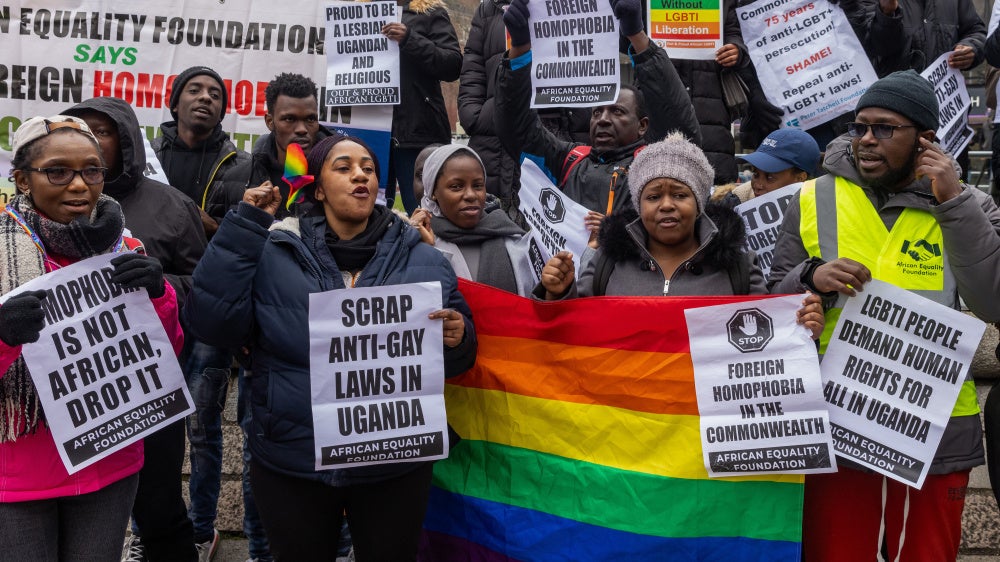 LGBT+ campaigners from the African Equality Foundation calling on Uganda to repeal their Anti-Homosexuality Act in London, United Kingdom, March 11, 2024. 