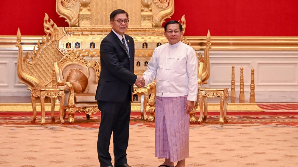 Thailand's Foreign Minister Sihasak Phuangketkeow (left) meets with Myanmar President Min Aung Hlaing in Naypyidaw, Myanmar, April 22, 2026.