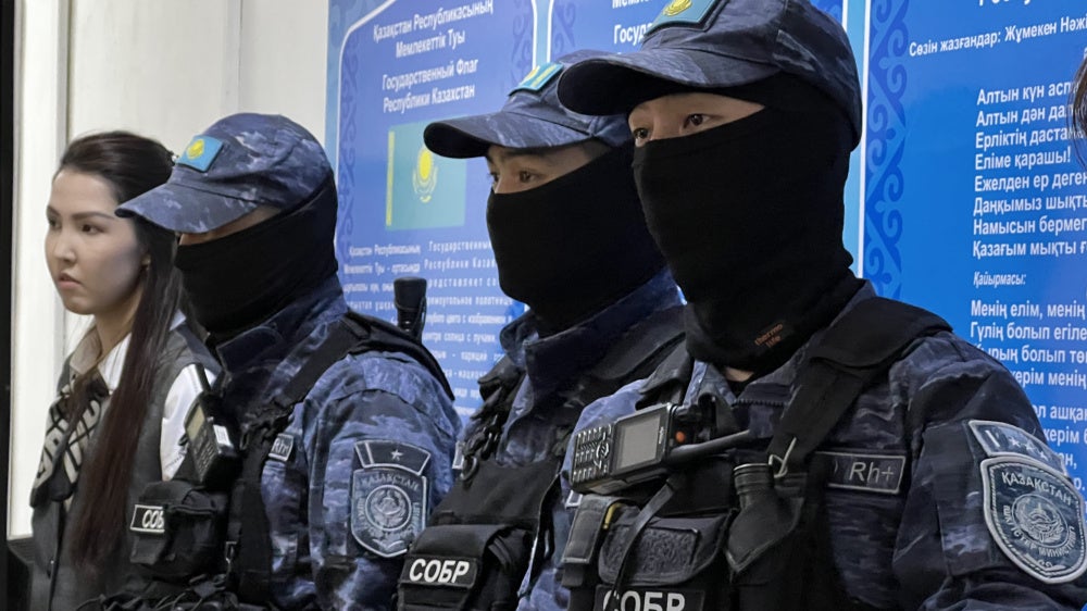 Special police forces in a Kazakh court on the day of the sentencing of 19 people accused of "inciting ethnic hatred." Taldykorgan, April 13, 2026.