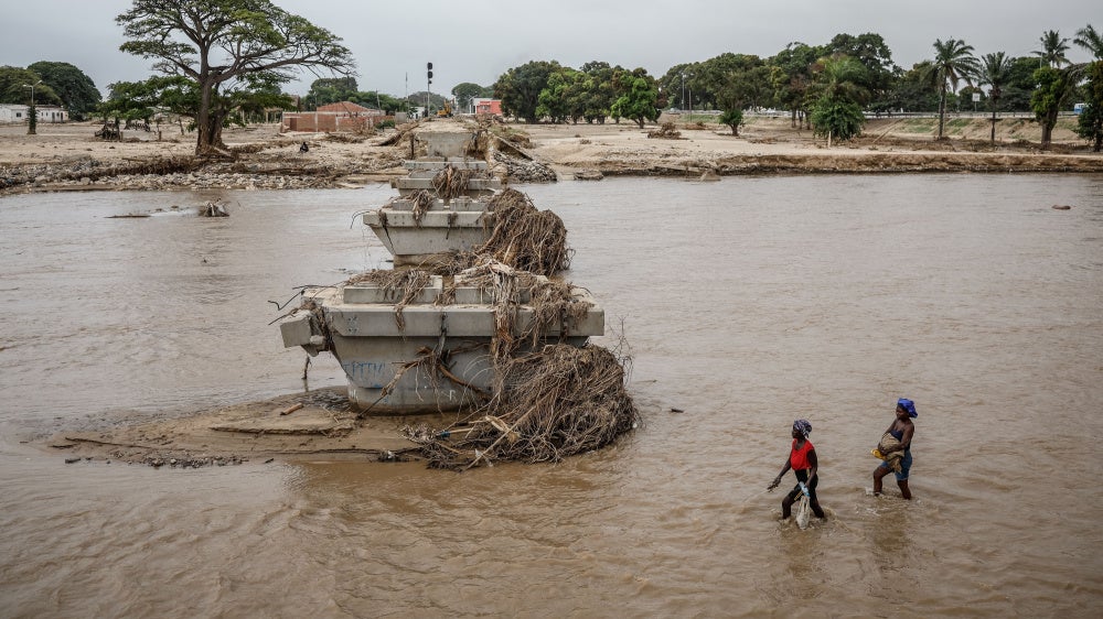 A railway bridge damaged by heavy floods