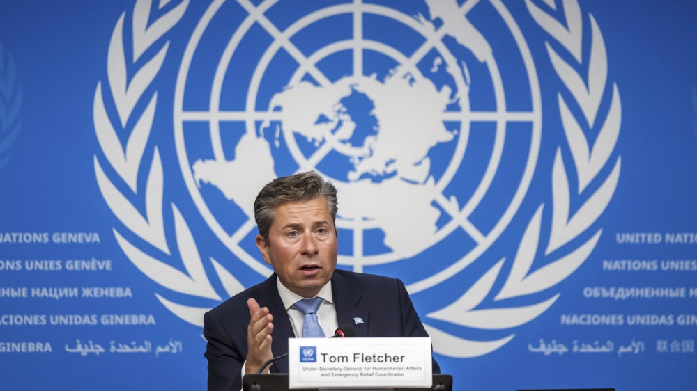 Tom Fletcher, UN Under-Secretary-General for Humanitarian Affairs and Emergency Relief Coordinator, during a press conference in Geneva, August 22, 2025. 