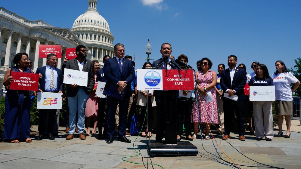 U.S. Representative Jesus "Chuy" Garcia (center) speaks in opposition to Immigration and Customs Enforcement (ICE) funding in the Republican reconciliation plan, on Capitol Hill in Washington, D.C., May 20, 2026.