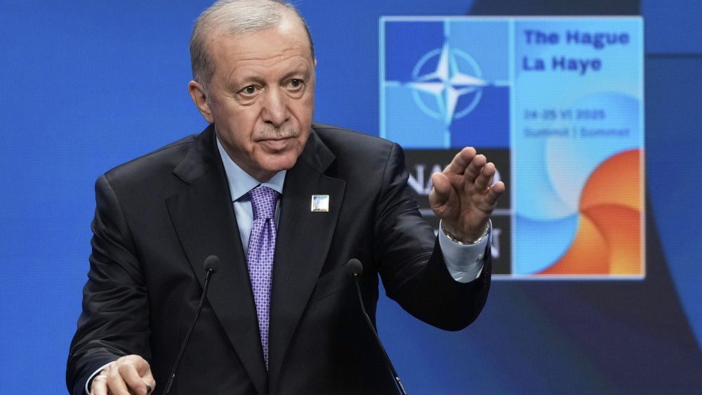 Turkish President Recep Tayyip Erdogan at press conference during a NATO summit in The Hague, Netherlands, June 25, 2025.