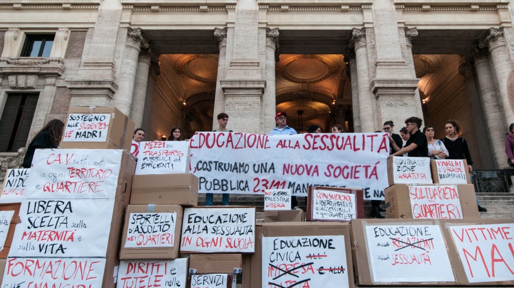 OSA students perform a flash mob in front of the Ministry of Education and Merit to request sexual and affective education in schools in Rome, Italy, on October 31, 2024. 