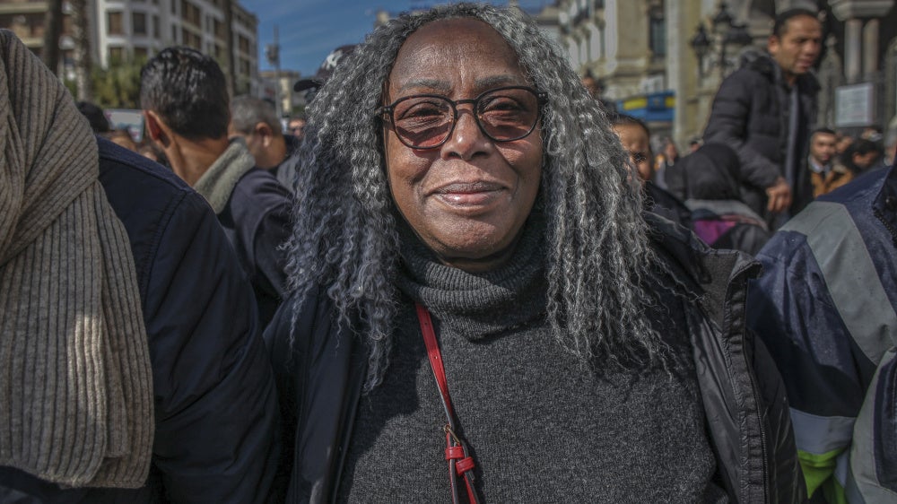 Saadia Mosbah (center), president of the antiracism association Mnemty, attending a march in Tunis, Tunisia, on March 4, 2023. 