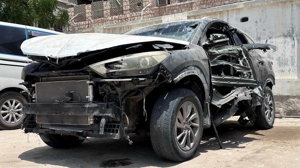 Mohammed Aydah's car in the yard of a police station, where it had been moved to after an explosive device planted in the car detonated and killed him, in Mukalla, Yemen June 25, 2026.