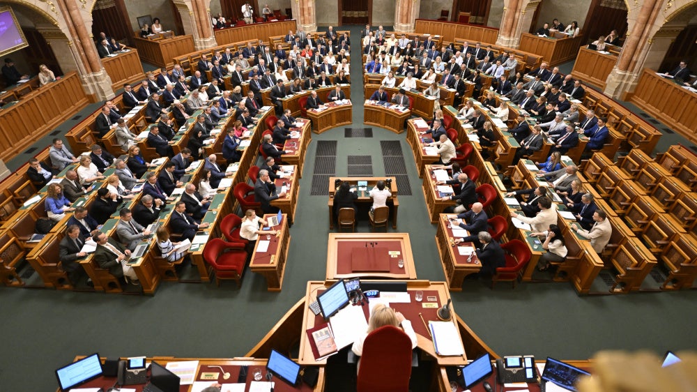 Lawmakers vote in the chamber of the Hungarian National Assembly on legislation related to establishing the National Asset Recovery and Protection Office in Budapest, Hungary, July 28, 2026. 