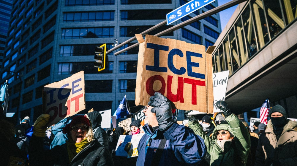 People march in Minneapolis, Minnesota march to protest the actions of federal agents with the Immigration and Customs Enforcement (ICE) agency during their immigration crackdown, Operation Metro Surge, in the state, January 30, 2026. 