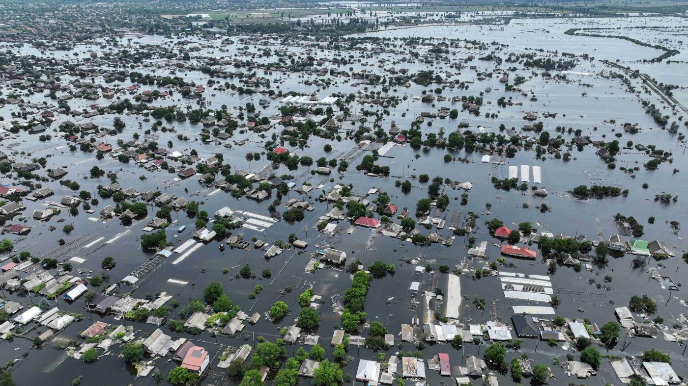 The flooded town of Oleshky, Ukraine, after the June 6 destruction of the Nova Kakhovka dam, June 10, 2023. 
