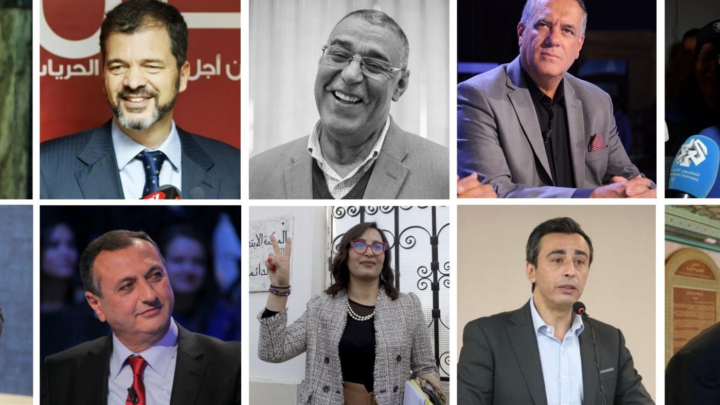 عدد من الأشخاص الذين حوكموا وأدينوا في "قضية التآمر" في 19 أبريل/نيسان 2025، في تونس العاصمة، تونس. الصف الأعلى (من اليسار إلى اليمين): نور الدين البحيري، خيام التركي، عبد الحميد الجلاصي، غازي الشواشي ولزهر العكرمي. الصف الأسفل (من اليسار إلى اليمين): رضا بلحاج، عصام الشابي، شيماء عيسى، جوهر بن مبارك وسيد الفرجاني.