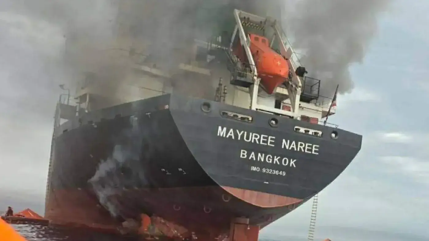The Thai cargo ship, Mayuree Naree, was struck and set ablaze in the Strait of Hormuz, March 11, 2026.