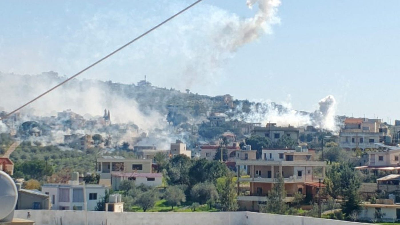At least two artillery-delivered white phosphorus munitions being airburst over a residential neighborhood in the town of Yohmor, in southern Lebanon, March 3, 2026.