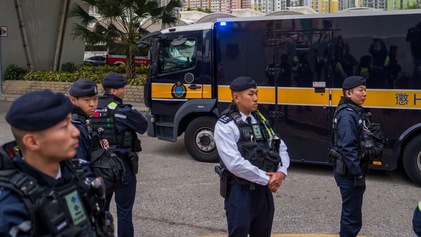 A prison van believed to be carrying Jimmy Lai leaving West Kowloon Magistrates Courts where his sentencing took place in Hong Kong, February 9, 2026.