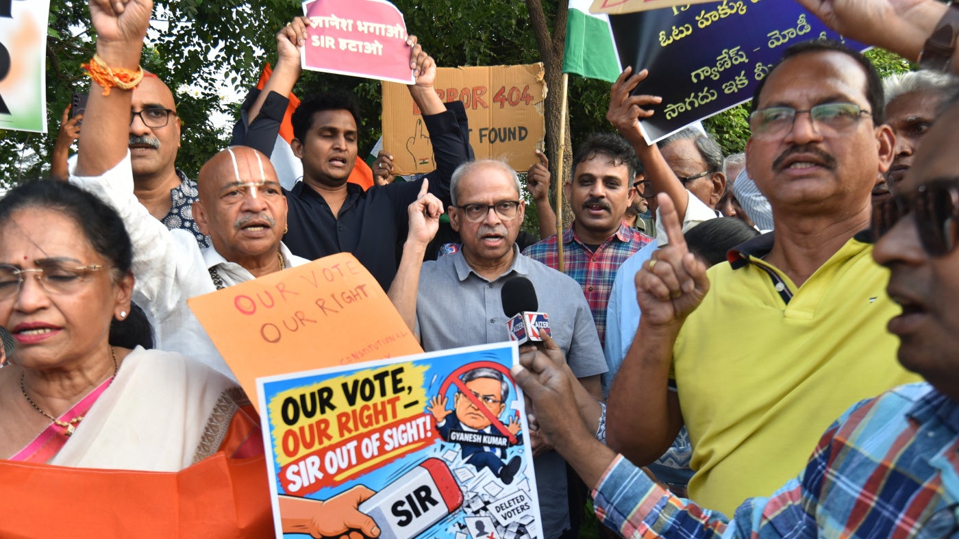 Protesters demand the scrapping of the Special Intensive Revision (SIR) of electoral rolls and the resignation of India’s top election official, in Hyderabad, India, on October 24, 2026.