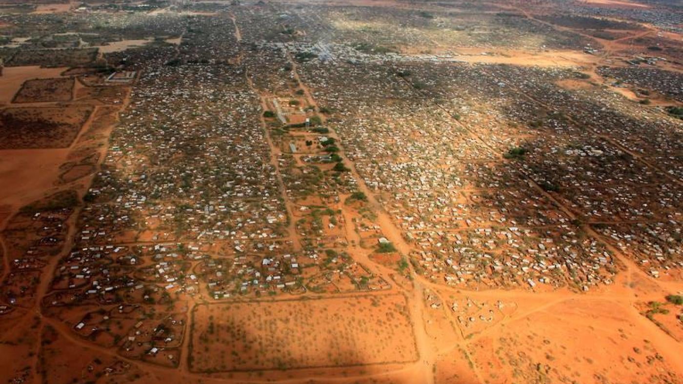 An aerial view shows makeshift shelters at the Dagahaley camp in Dadaab, near the Kenya-Somalia border in Garissa County, Kenya. Photo taken April 2011. 