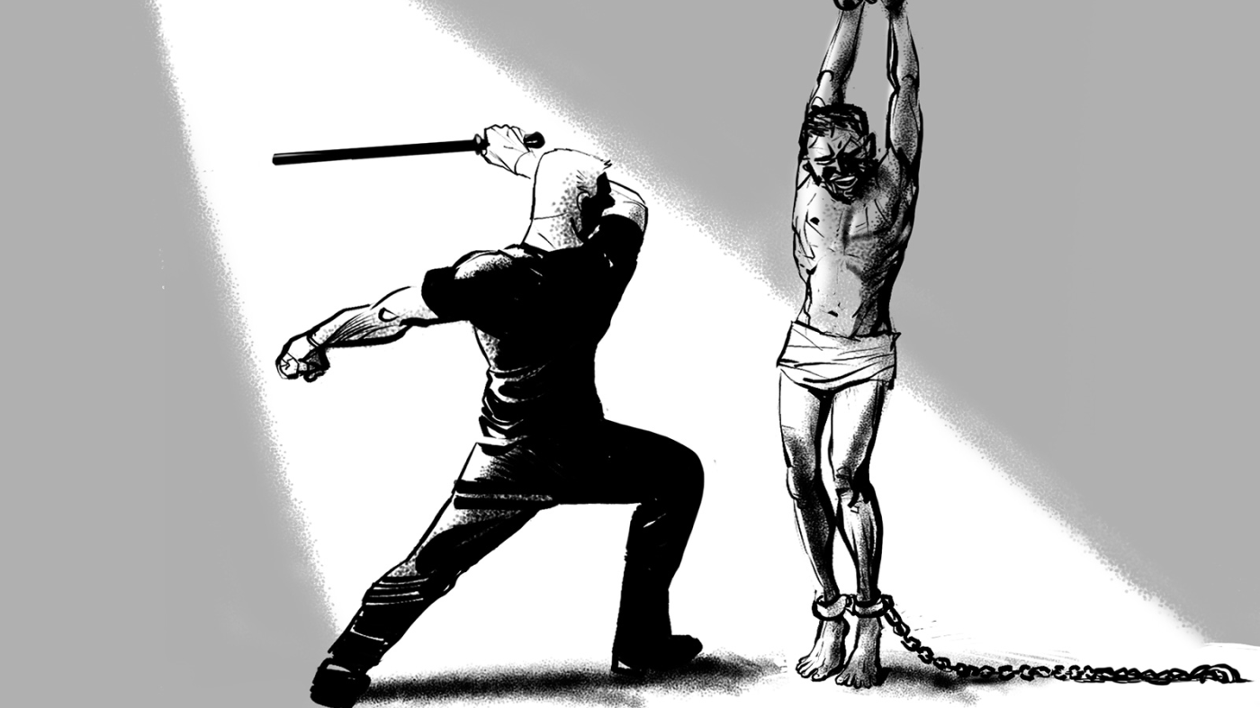 An illustration of a CIA agent hitting an inmate with a baton while he is tied to the ceiling by the arms.