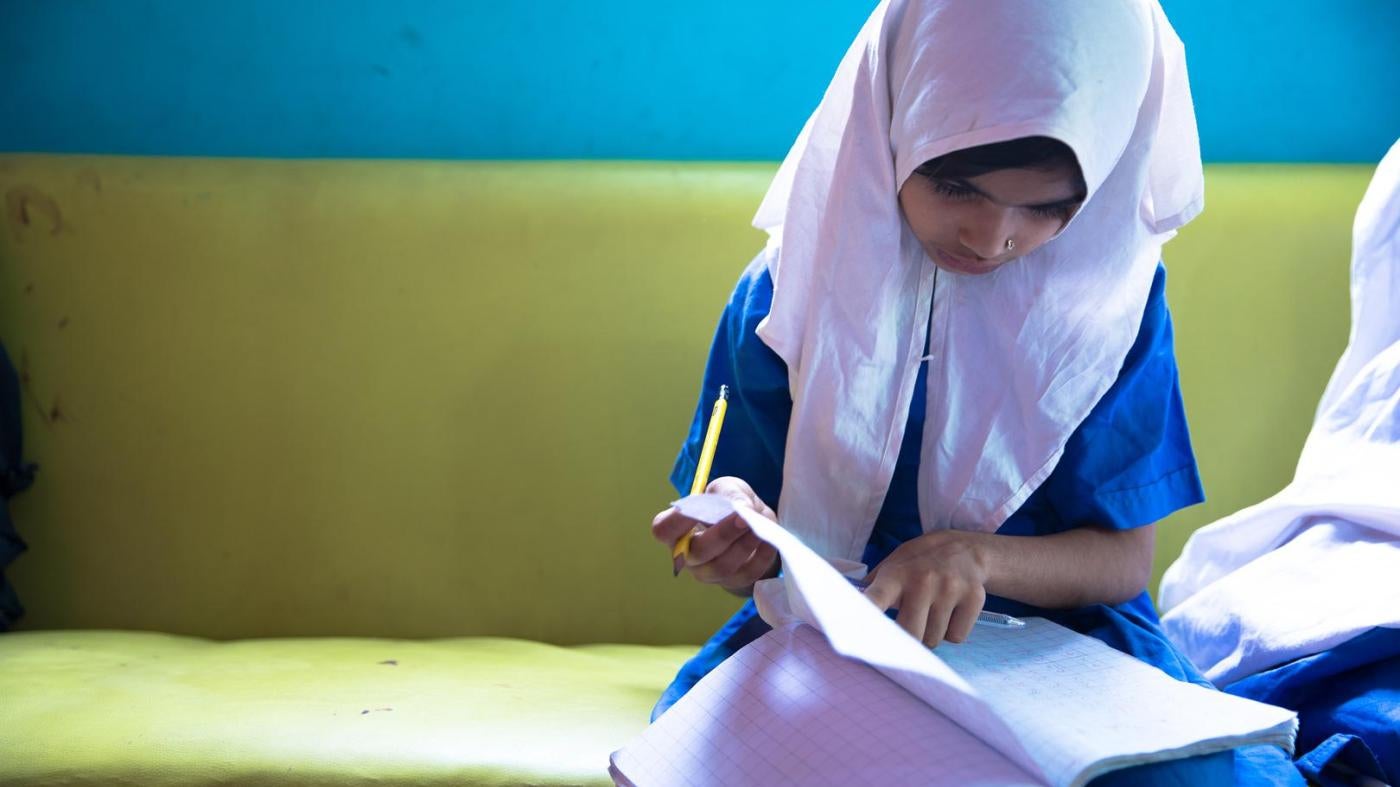 Laiba, age eight, a student at the lyari School. laiba’s older sister is not able to study at all because she is responsible for housework and caring for her younger siblings.