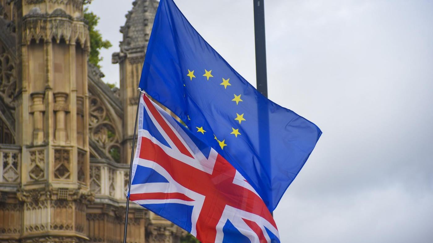 The EU and Union flags flying outside Parliament in Westminster, London. September 5, 2017.