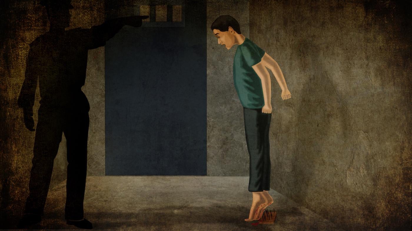 An illustration showing a boy being forced to stand with his bare heels over a plank of nails