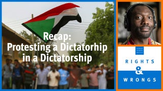 Podcast logo and host over protests in Sudan. 