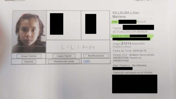 Identity certification of Lilian Villalba issued by Argentina&rsquo;s National Registry (Registro Nacional de las Personas), a government agency. The document shows she was born on October 29, 2008. She was 11 years old when she was killed on September 2, 2020.