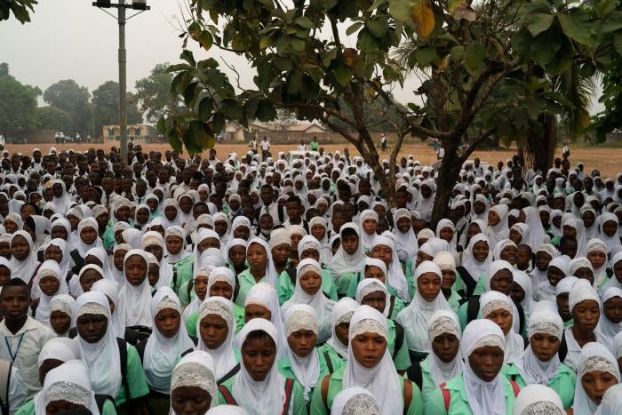 Students sing the national anthem before class at a secondary school in Koidu, district of Kono, Sierra Leone, November&nbsp;20, 2020.&nbsp;