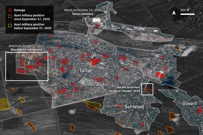 Map 2.&nbsp;Satellite imagery analysis of damaged sites and military positions established during October 2020 in the city of Tartar, as of October 23, 2020. 