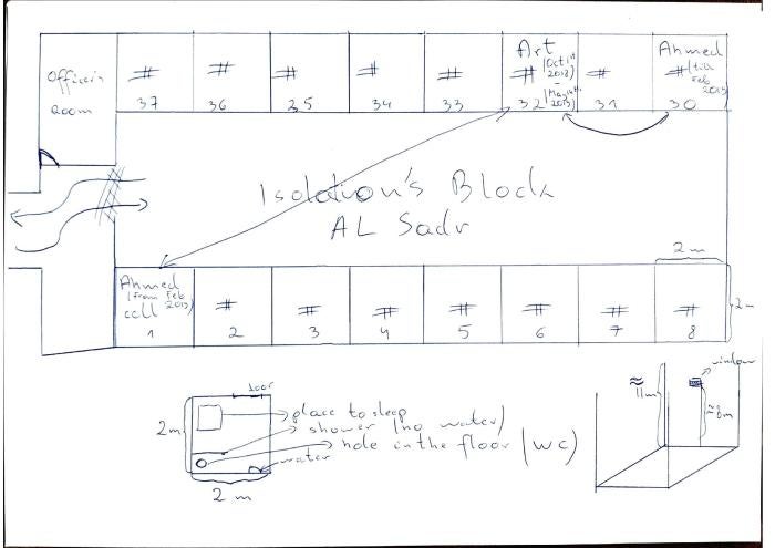 A hand-drawn sketch showing the floorplan of an isolation ward