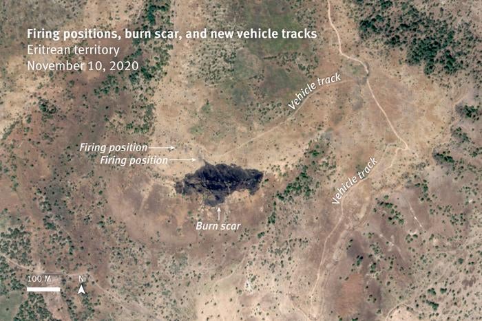 Analysis of satellite imagery shows new vehicle tracks leading to at least two firing positions established between November 6 and 9, 2020 that likely fired upon Humera on November 9 and 10. A burn scar is visible in front of one of these positions on satellite image recorded at 8:47 a.m. on November 10, that was not visible on satellite images collected the day before. The burned vegetation and resulting scar are created by unconsumed propellent ejected a short distance from a tank cannon.&nbsp;&nbsp;