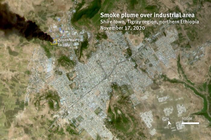 Satellite image recorded on November 17, 2020 at 11:04 a.m., shows a smoke plume rising up from a warehouse in an industrial area, in Shire, Tigray region, Ethiopia. The visible damage on satellite imagery recorded after the attack is consistent with the damage observed on videos and photos posted of the affected factory.&nbsp;&nbsp;