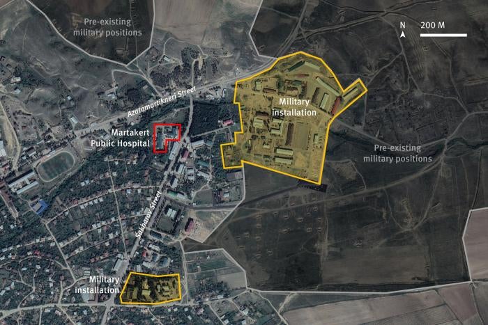 Location of potential military objects in the vicinity of the public hospital in Martakert. Satellite image date September 19, 2020.