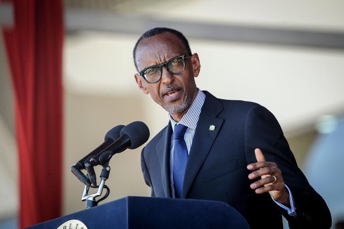 Rwanda&rsquo;s President Paul Kagame speaks during the state funeral of Kenya&rsquo;s former president, Daniel arap Moi, at Nyayo Stadium in Nairobi, Kenya, February 11, 2020.