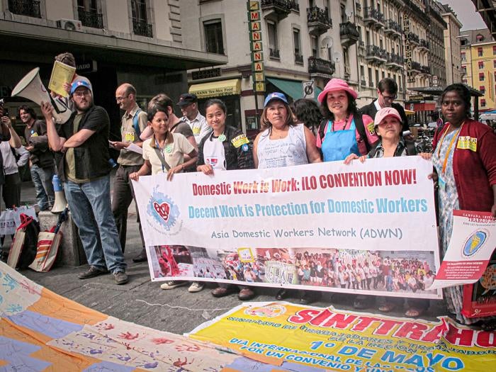 Domestic&nbsp;worker and human rights organizations join forces in Geneva, to demonstrate alongside the opening policy negotiations.&nbsp;June 2010.