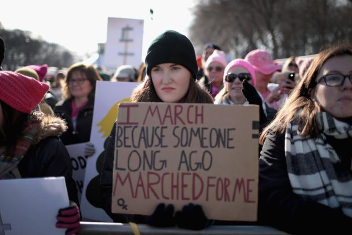 &nbsp;People rally downtown for the Second Annual Women's March on January 20, 2018 in Chicago, Illinois.