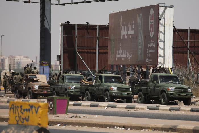 Sudanese security forces deployed during a protest in Khartoum, Sudan on Tuesday, Oct. 26, 2021. 