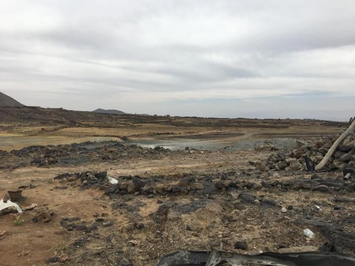 Remains of the workers’ shelter at the Arhab water drilling site in the Sanaa governorate. At least 31 civilians died, including 3 children, when several airstrikes hit the drilling rig and surrounding area on September 10, 2016. 