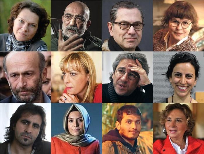 Journalists targeted in Turkey’s media crackdown. From top left: Aslı Erdoğan, Ahmet Altan, Kadri Gürsel, Necmiye Alpay; Erdem Gül, Ceyda Karan, Can Dündar, Hatice Kamer; Refik Tekin, Hanım Büşra Erdal, Nedim Oruç, Nazlı Ilıcak