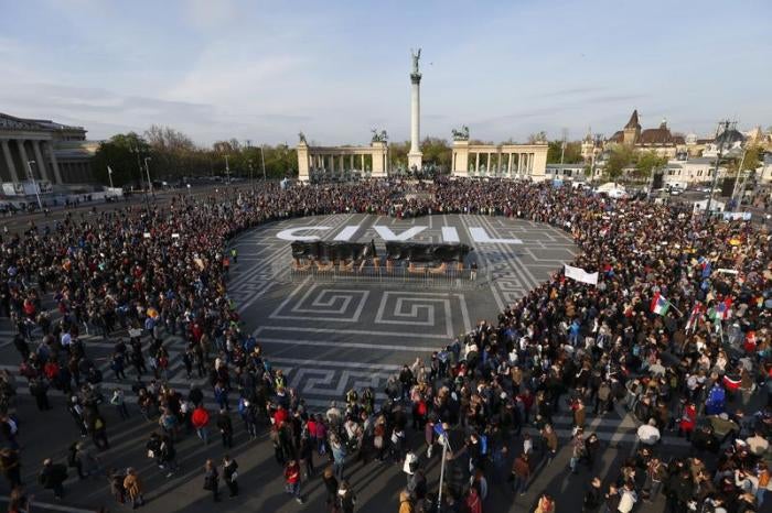 People protest in Heroes&rsquo; square against a new law that would undermine Central European University, a liberal graduate school of social sciences founded by U.S. financier George Soros in Budapest, Hungary, April 12, 2017.