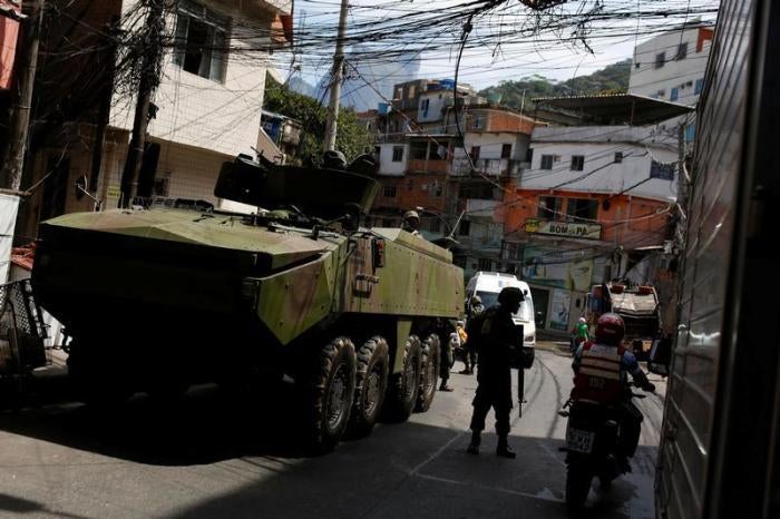 A military vehicle is pictured during an operation after violent clashes between drug gangs in Rocinha slum in Rio de Janeiro, Brazil, September 23, 2017.