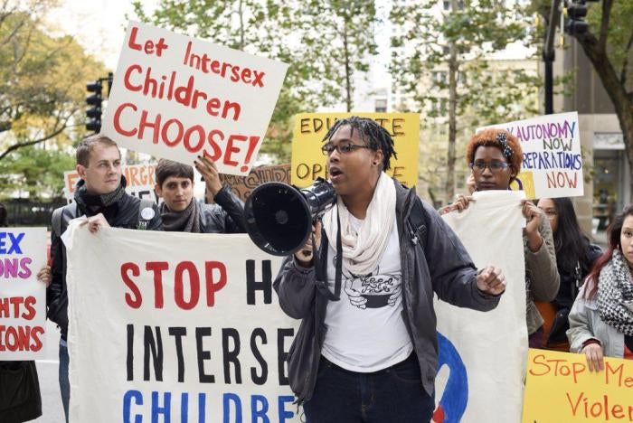 Intersex activist Sean Saifa Wall protests outside Lurie Children&rsquo;s Hospital in Chicago for Intersex Awareness Day on October 26, 2017. 