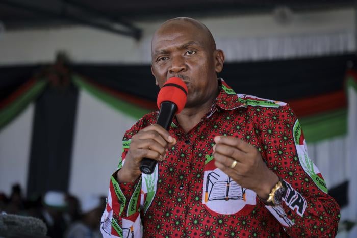 Opposition candidate Agathon Rwasa speaks at a meeting of the Congrès National pour la Liberté (National Congress for Freedom) party in Bujumbura, Burundi, on February 16, 2020.