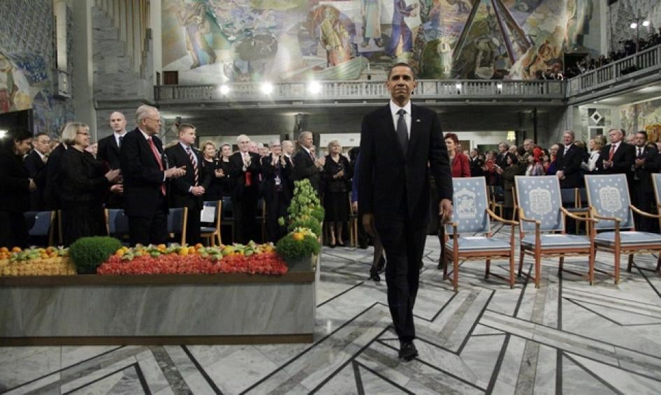 Nobel Peace Prize laureate US President Barack Obama enters the Nobel Peace Prize ceremony at City Hall in Oslo, Norway, on December 10, 2009.